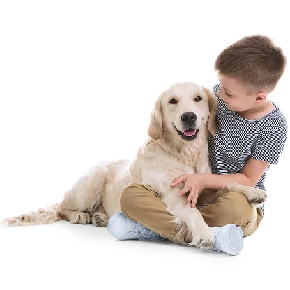 Little boy gently cuddling a friendly puppy on the floor